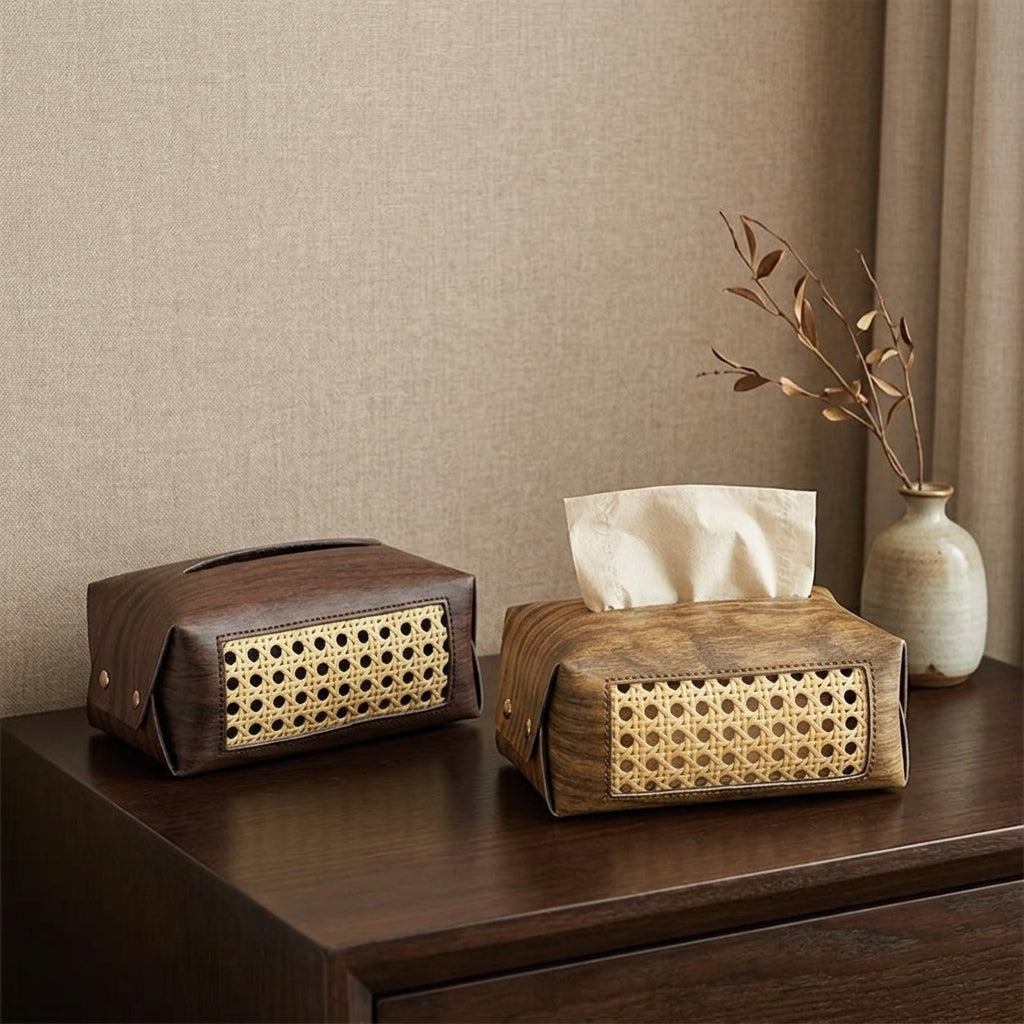 Retro Rattan Look Tissue Box Wooden Style Home Decor Napkin Holder